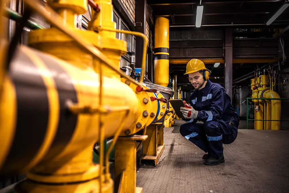 Oil and Gas Worker checking Radius valve actuator on pipes